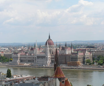 Hungarian Parliament building overlooking the Danube, taken from Castle Hill in Buda