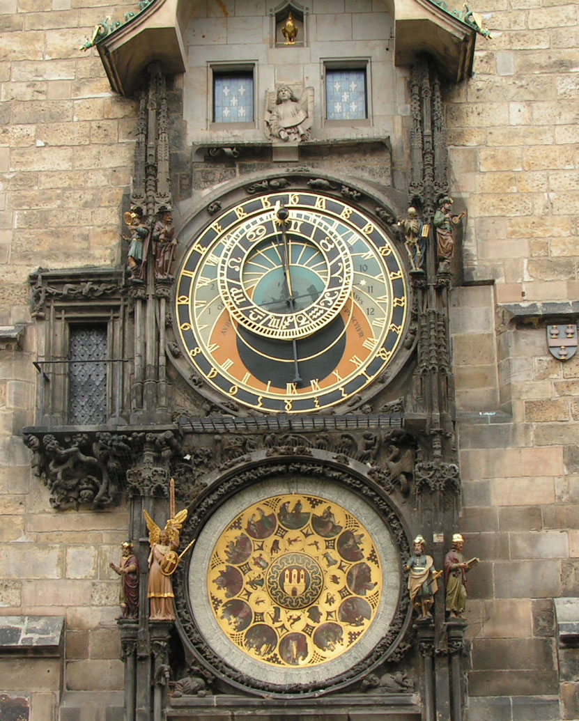 Astronomical clock on city hall tower in Old Town Prague