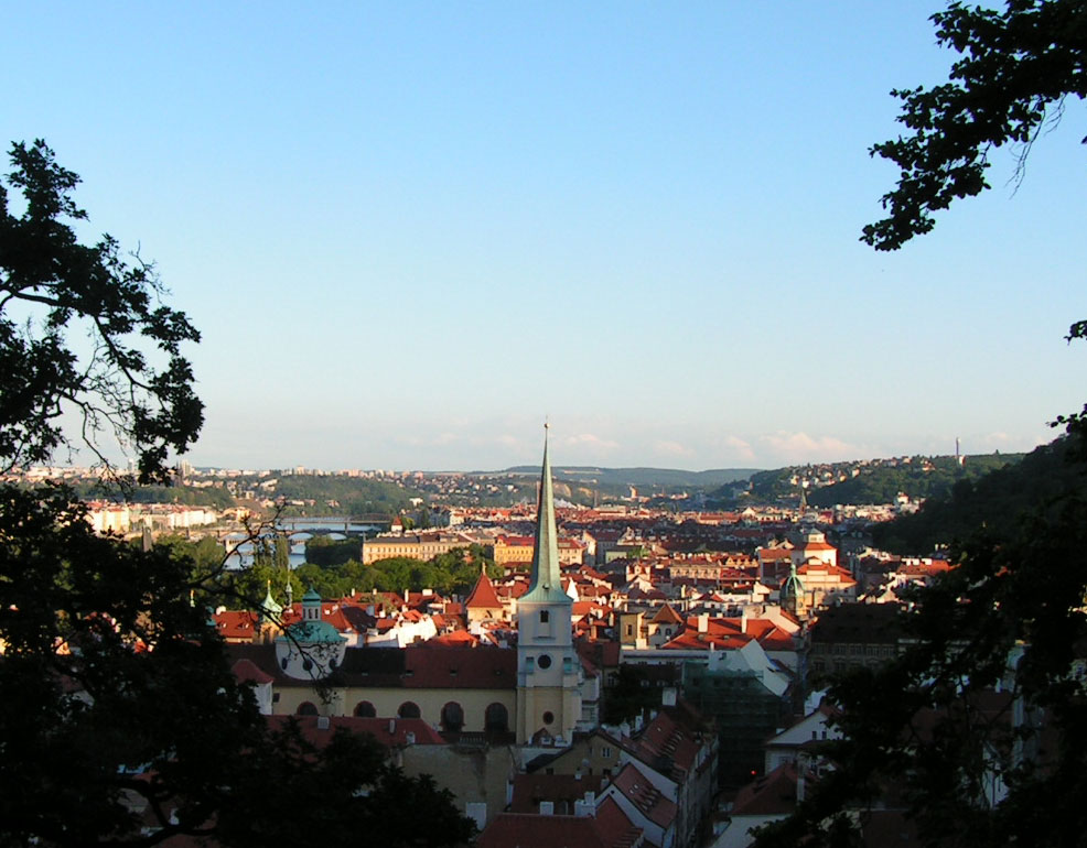 Prague as seen from Sychrov Castle entry courtyard